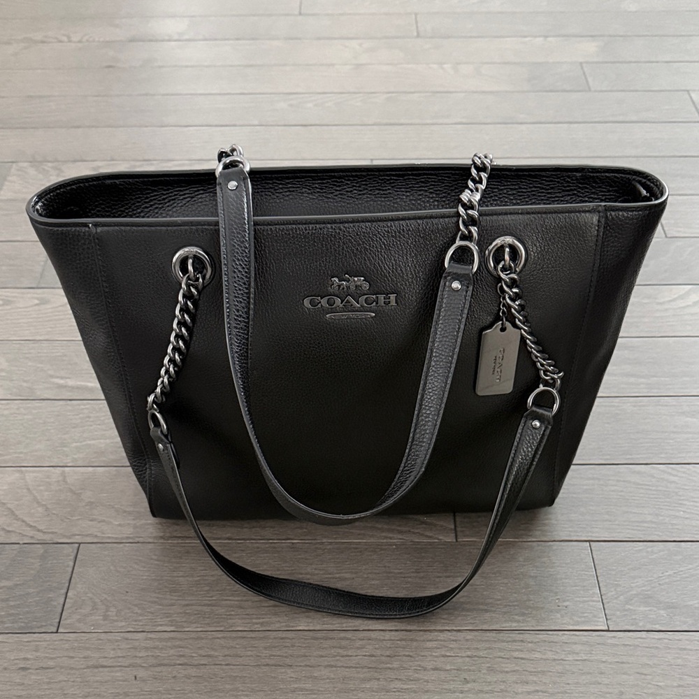 Coach Black Leather Tote with Chain Detail